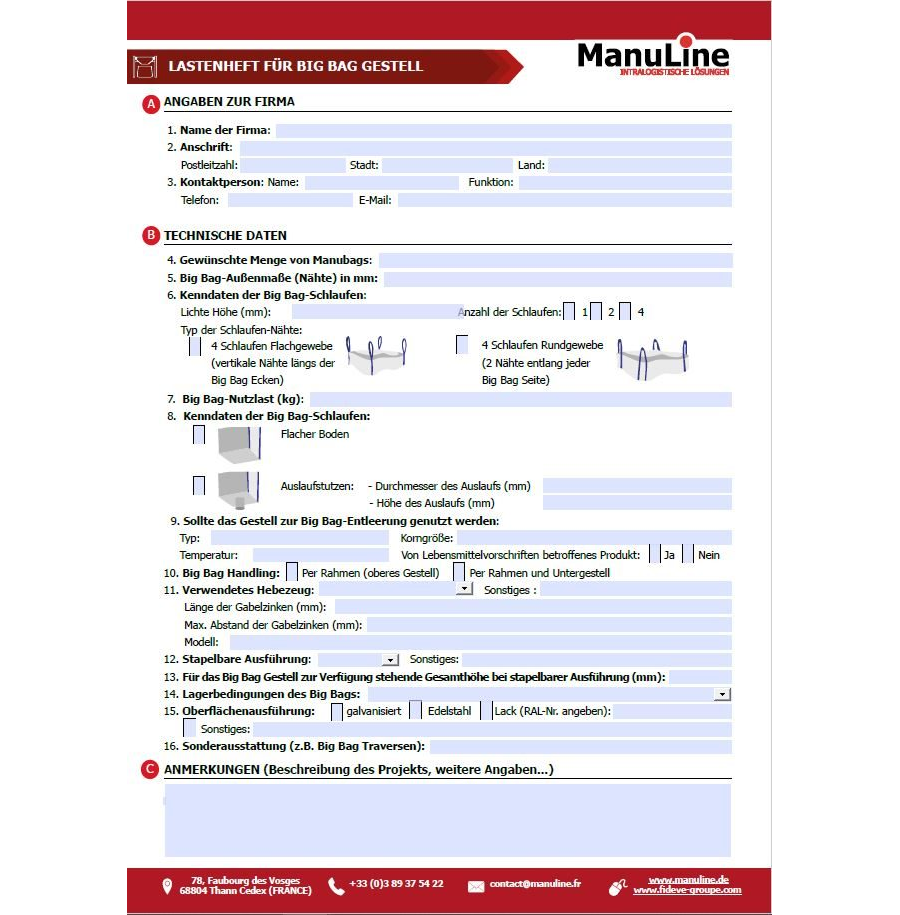 Lastenheft für Big Bag Gestell